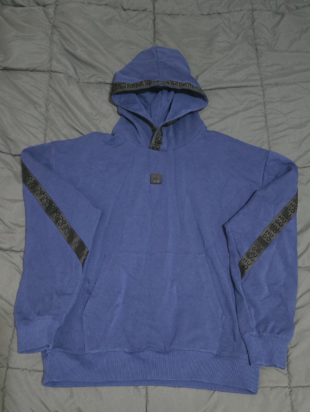 HUGO Mens Navy Logo Tape Relaxed Fit Pullover Hoodie Medium